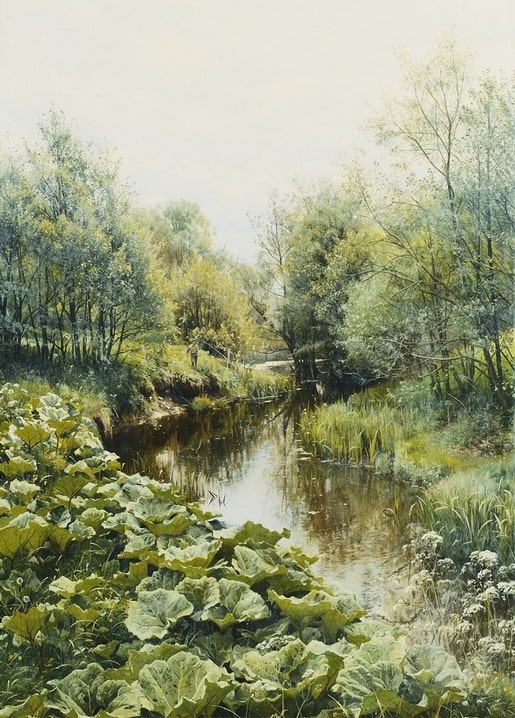 Woodland stream lined with burdock leaves and reflected trees, painting by Peder Mønsted