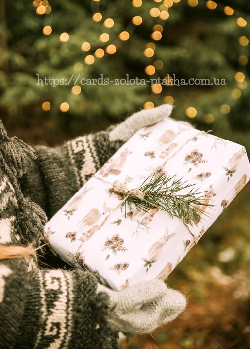 In Blumenpapier verpacktes Weihnachtsgeschenk mit Tannenzweig in gestrickten Fäustlingen