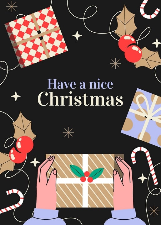 Wrapped Christmas gifts in checkered and dotted paper with holly and candy canes on black