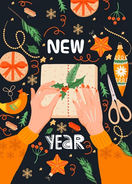 Illustration of hands wrapping a gift with fir branch and holly, surrounded by ribbons and ornaments