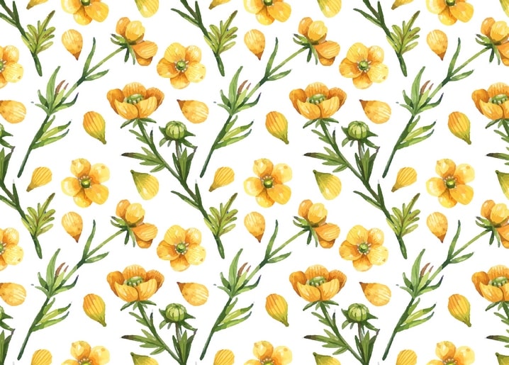 Seamless watercolor pattern of yellow buttercup flowers and green leaves