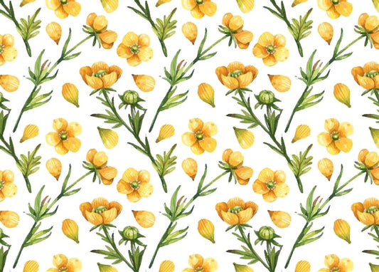 Seamless watercolor pattern of yellow buttercup flowers and green leaves
