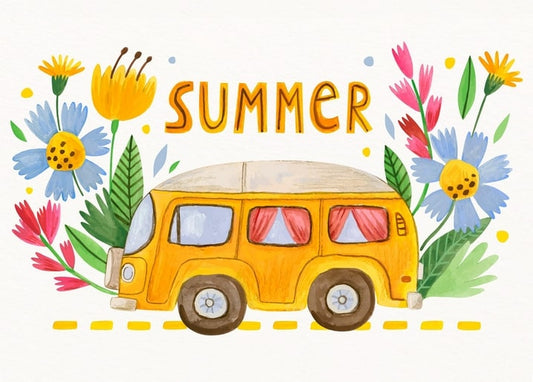 Illustration of a yellow camper van surrounded by wildflowers with ‘Summer’ lettering