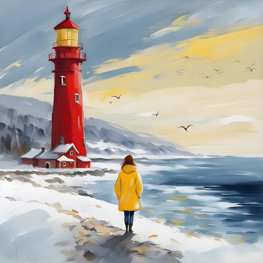 Woman in a yellow coat walking a snowy beach toward a red lighthouse