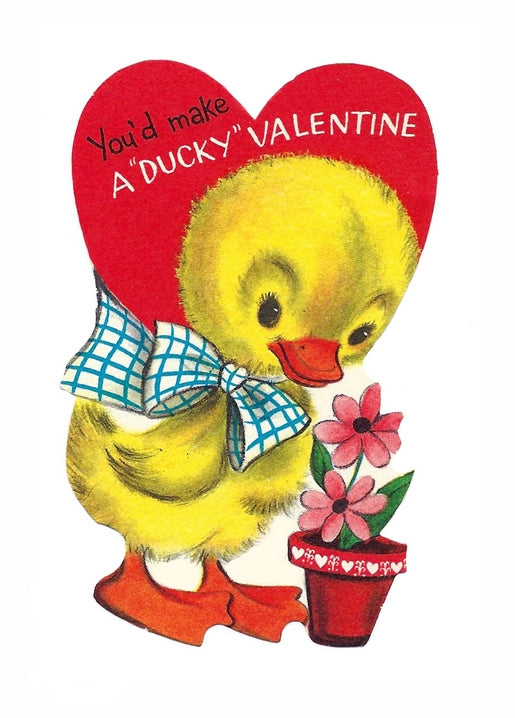 Vintage postcard of a yellow duckling in a checkered bow beside a potted pink flower under a red heart.