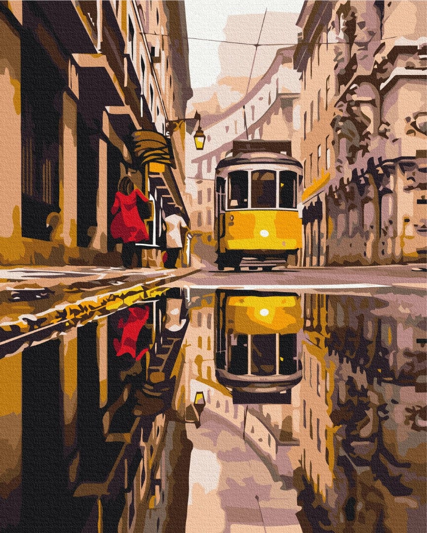 Illustrated yellow tram on a cobbled street, reflected in a puddle beside a woman in a red coat