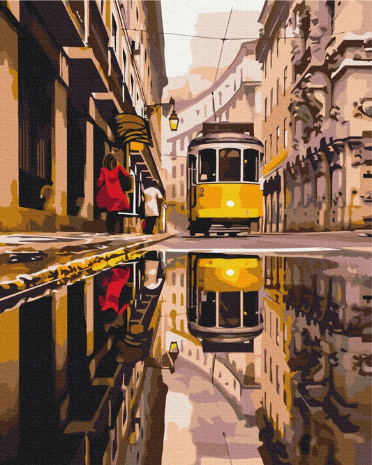 Illustrated yellow tram on a cobbled street, reflected in a puddle beside a woman in a red coat