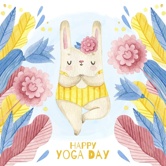Watercolor bunny meditating in lotus pose surrounded by pink flowers and feathers, Happy Yoga Day