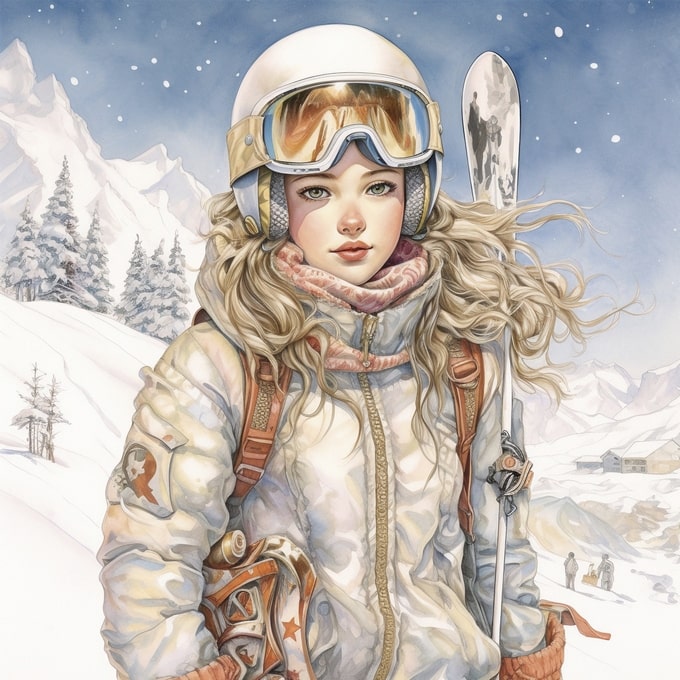 Watercolor portrait of a young skier in a white helmet and goggles against snowy mountain peaks