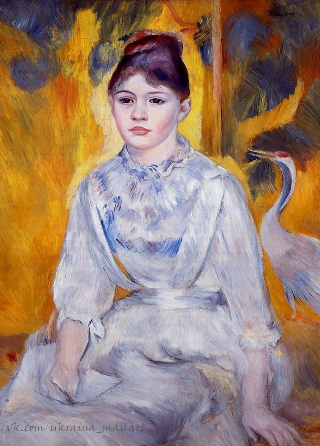 Renoir painting of a young woman in white beside a white heron against an orange background